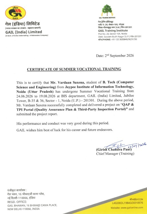 Official GAIL Certificate of Summer Vocational Training - Vardaan Saxena